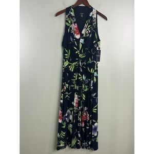 NEW Chaps Dress Womens Large Navy Blue Floral Maxi Sleeveless Tropical Summer